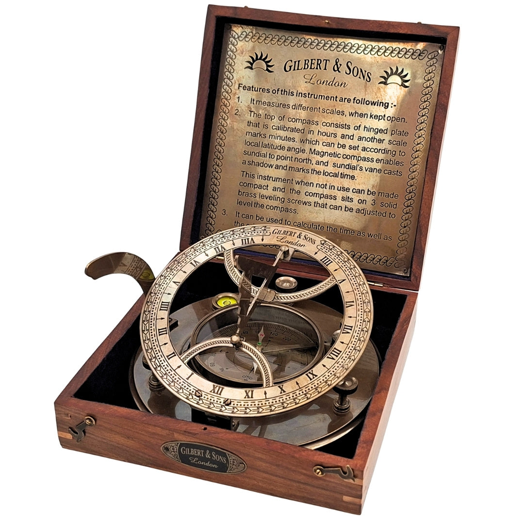Grande bussola in ottone XXL con orologio solare in elegante scatola di legno