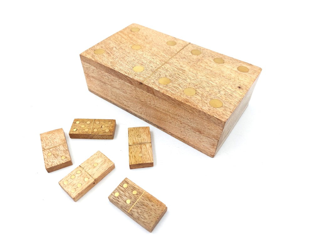 Domino in legno di mango in scatola con incisione - regalo personalizzato per adulti, 28 tessere, decorazioni in ottone, dimensioni scatola 15 x 8 x 4,5 cm