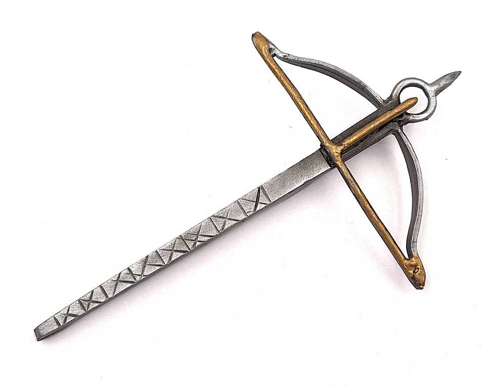 Piccola replica metallica di balestra con possibilità di personalizzazione con incisione – Decorazione argento e oro di dimensioni 14cm x 8,5cm