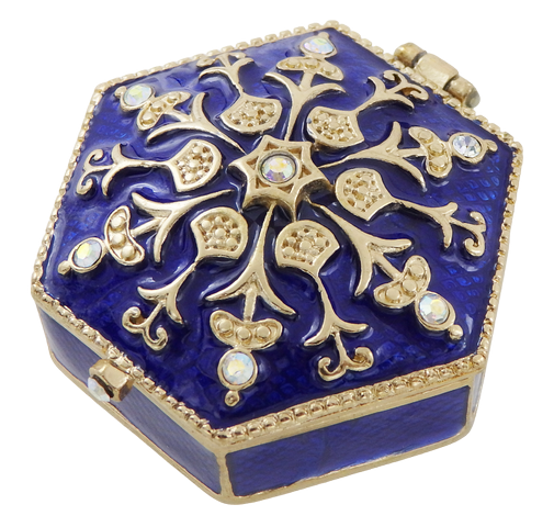 Elegante scatola regalo in metallo con cristalli B0035-08BL in colorazione blu navy e oro con possibilità di personalizzazione tramite incisione
