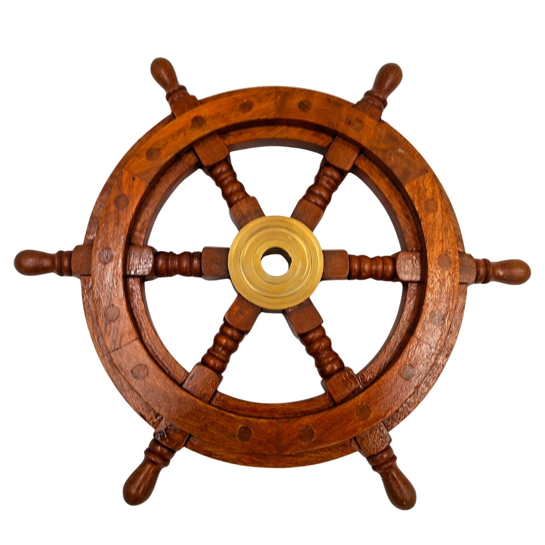 Ruota del Timone in Legno con Inserto in Ottone e Spazio per Cuneo - Diametro 30 cm - Regalo Ideale con Possibilità di Personalizzazione Incisa - Stile Nautico e Retrò