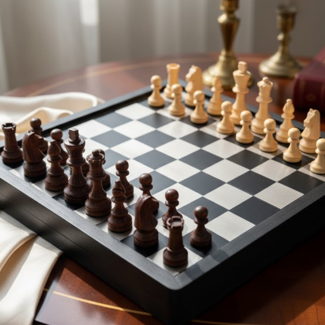 Elegante set da scacchi in legno e metallo 33x33 cm con possibilità di incisione personalizzata