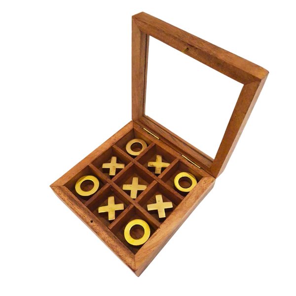 Elegante Tris in Scatola con Coperchio di Vetro con Possibilità di Personalizzazione Incisa - Set di Lusso in Legno e Ottone, Perfetto come Regalo per Insegnanti e Dirigenti - Dimensioni 12,5 x 12,5 x 2,5 cm