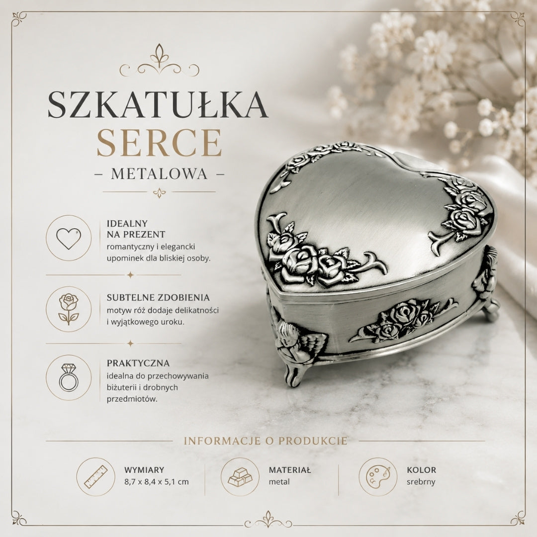 Scatola metallica a forma di cuore con possibilità di incisione personalizzata – regalo elegante per San Valentino, anniversario o compleanno, decorata con motivo di rosa, dimensioni 8,7 x 8,4 x 5,1 cm