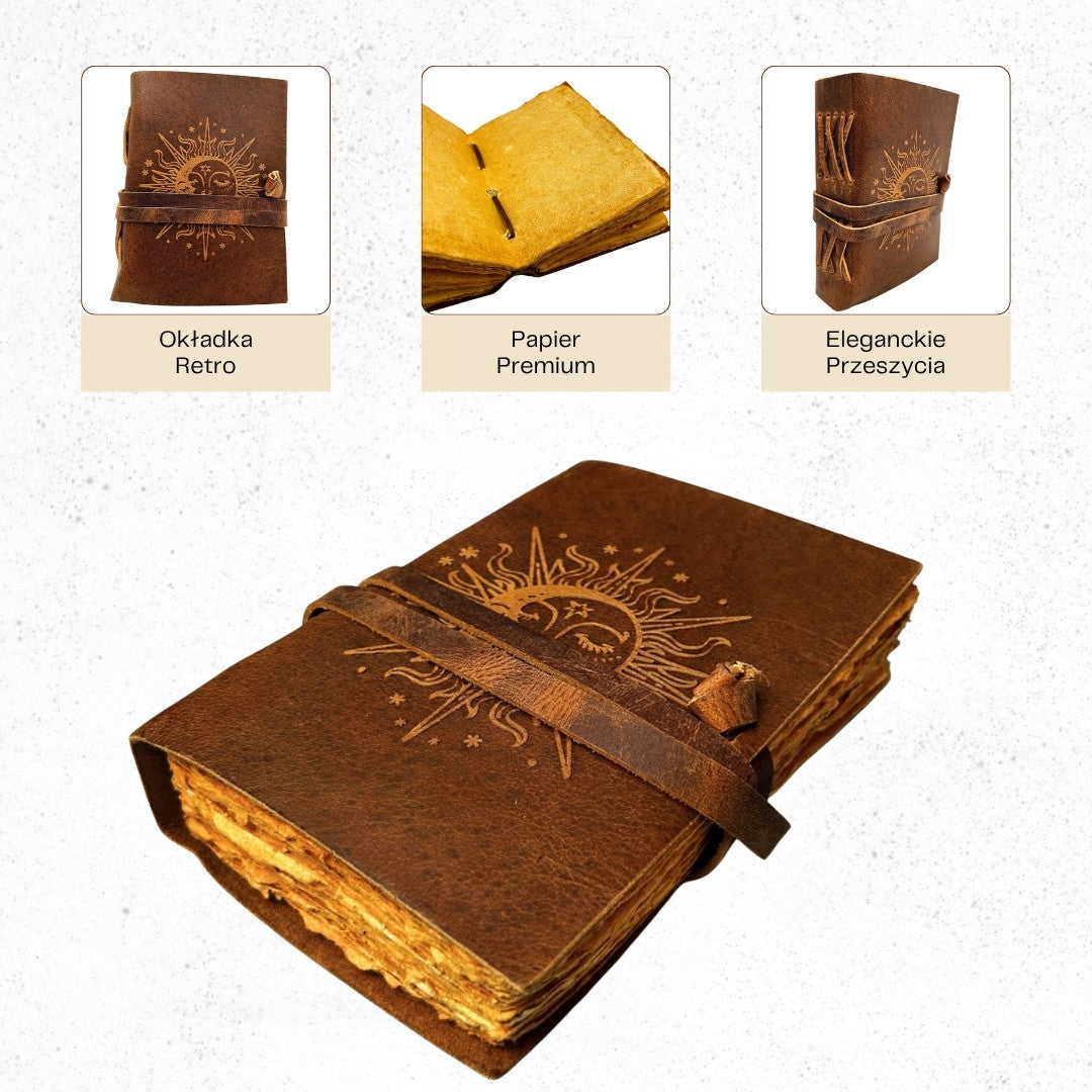 Taccuino in Pelle Vintage 200 pagine con Incisione - Sole e Luna - Pelle Naturale di Bufalo - Perfetto come Regalo - 18x13 cm - Elegante Diario con Carta da 150 GSM