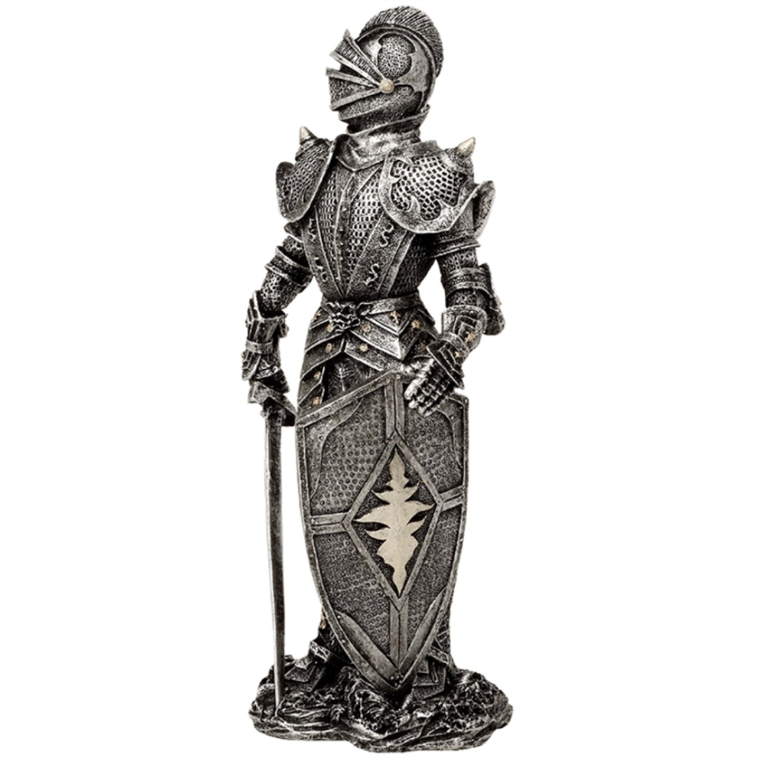 Figura Decorativa Cavaliere in Armatura Argento 30 cm con Possibilità di Incisione Personalizzata - Regalo Elegante per Amanti della Storia e del Fantasy, Dipinta a Mano in Poliresina