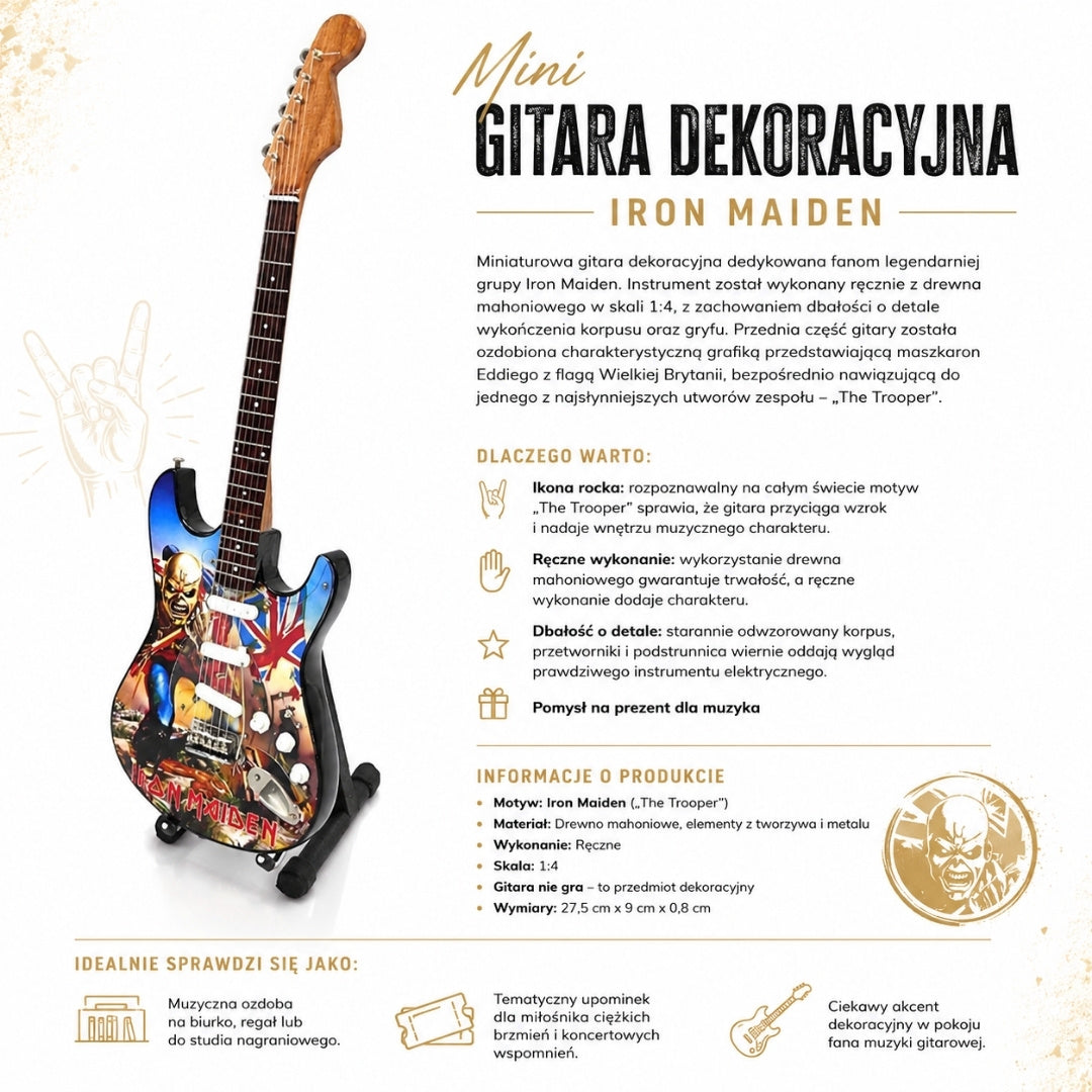 Mini chitarra decorativa Iron Maiden “The Trooper” in mogano - Ornamento fatto a mano per appassionati di musica