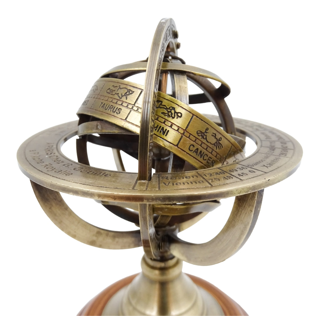 Astrolabio in ottone da 14 cm con incisione - regalo unico per appassionati di astronomia, elegante decorazione in ottone e legno color oro