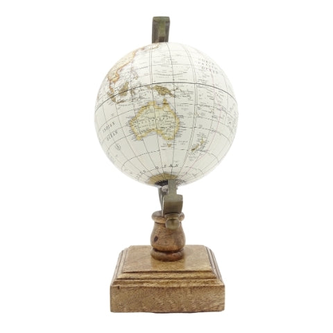 Globo Decorativo Stile Amundsen su Base in Legno con Incisione - Elegante Decorazione per Interni Classici, Loft e Coloniali, Ideale come Regalo - Altezza 26,5 cm, Colore Bianco-Marrone, Accento Educativo in Lingua Inglese