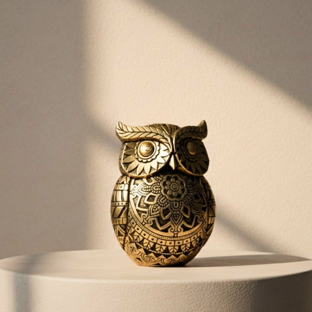 Gufo della saggezza con possibilità di personalizzazione con incisione, decorazione in colore dorato e nero, altezza 13,6 cm, regalo ideale per ogni occasione