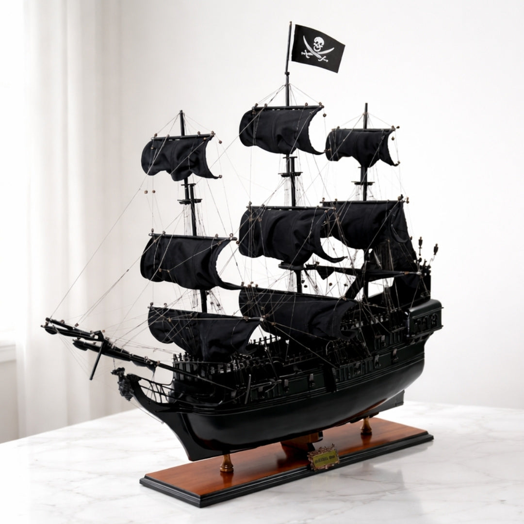 Modello di Nave Pirata Perla Nera BP80R con possibilità di incisione personalizzata, lunghezza 89 cm, regalo esclusivo per ogni occasione, artigianato artistico, base in legno
