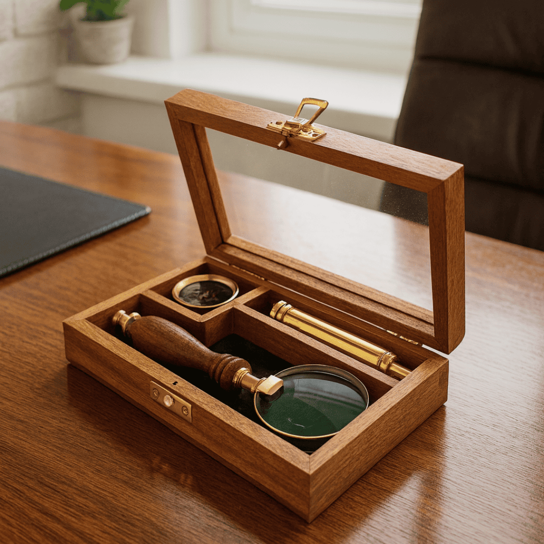 Set da Viaggio con Cannocchiale, Bussola e Lente d’Ingrandimento in Scatola di Legno con Possibilità di Incisione Personalizzata