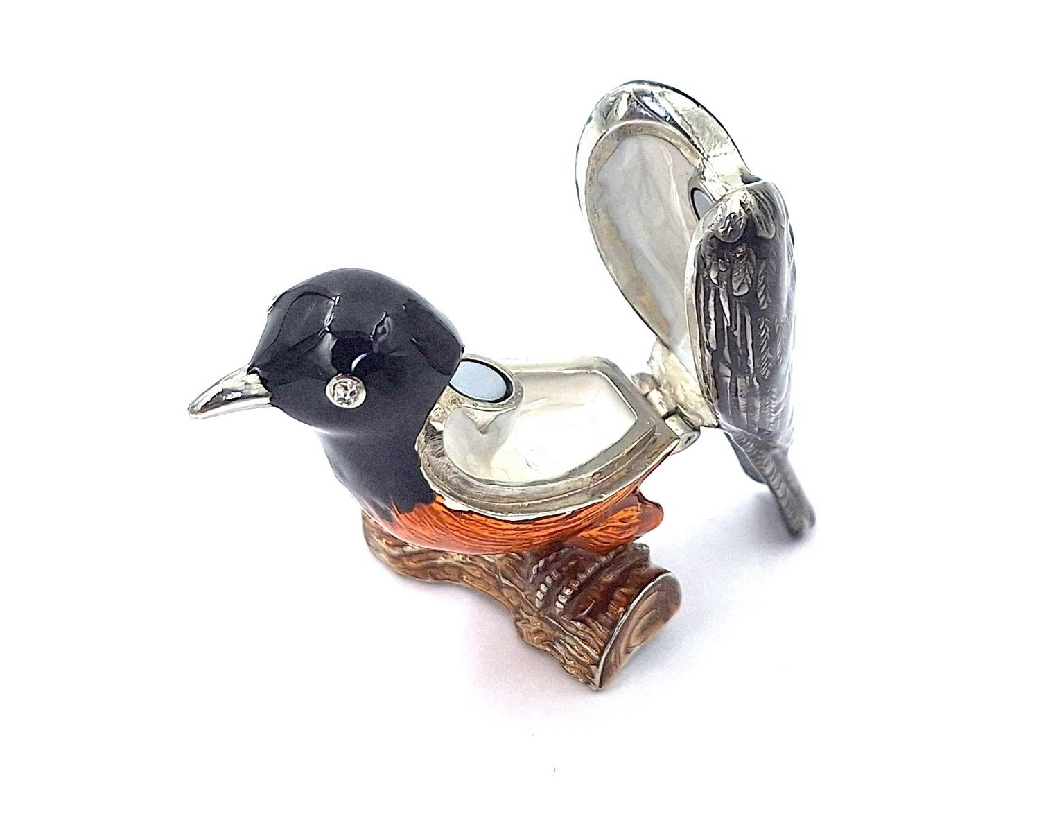 Scatoletta in metallo a forma di uccellino con cristalli, personalizzabile con incisione, ideale come regalo - nero, argento, marrone, arancione, dimensioni 5x6x5 cm, materiale: metallo, smalto, cristallo