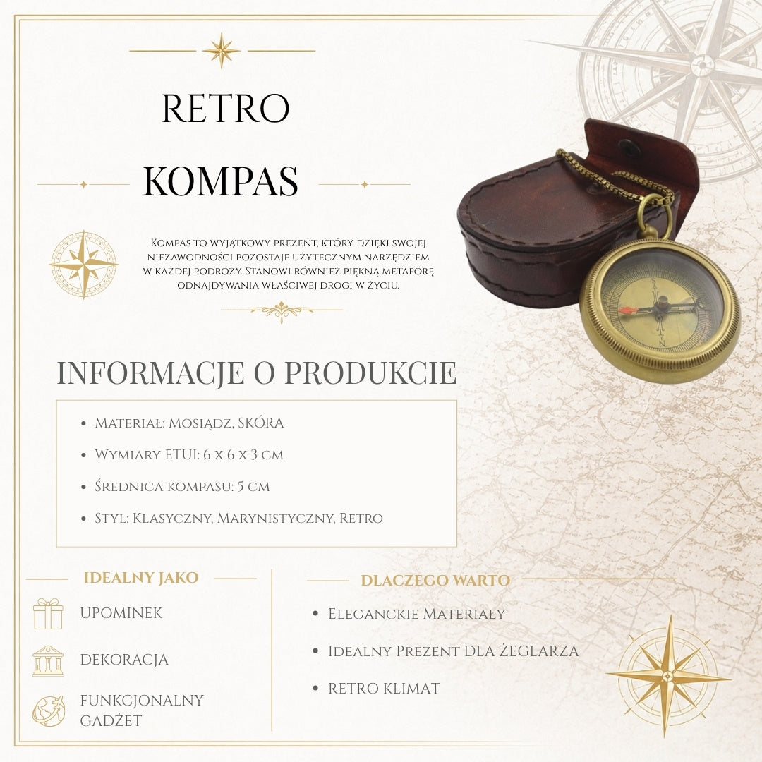 Bussola in ottone elegante con catena in custodia di pelle