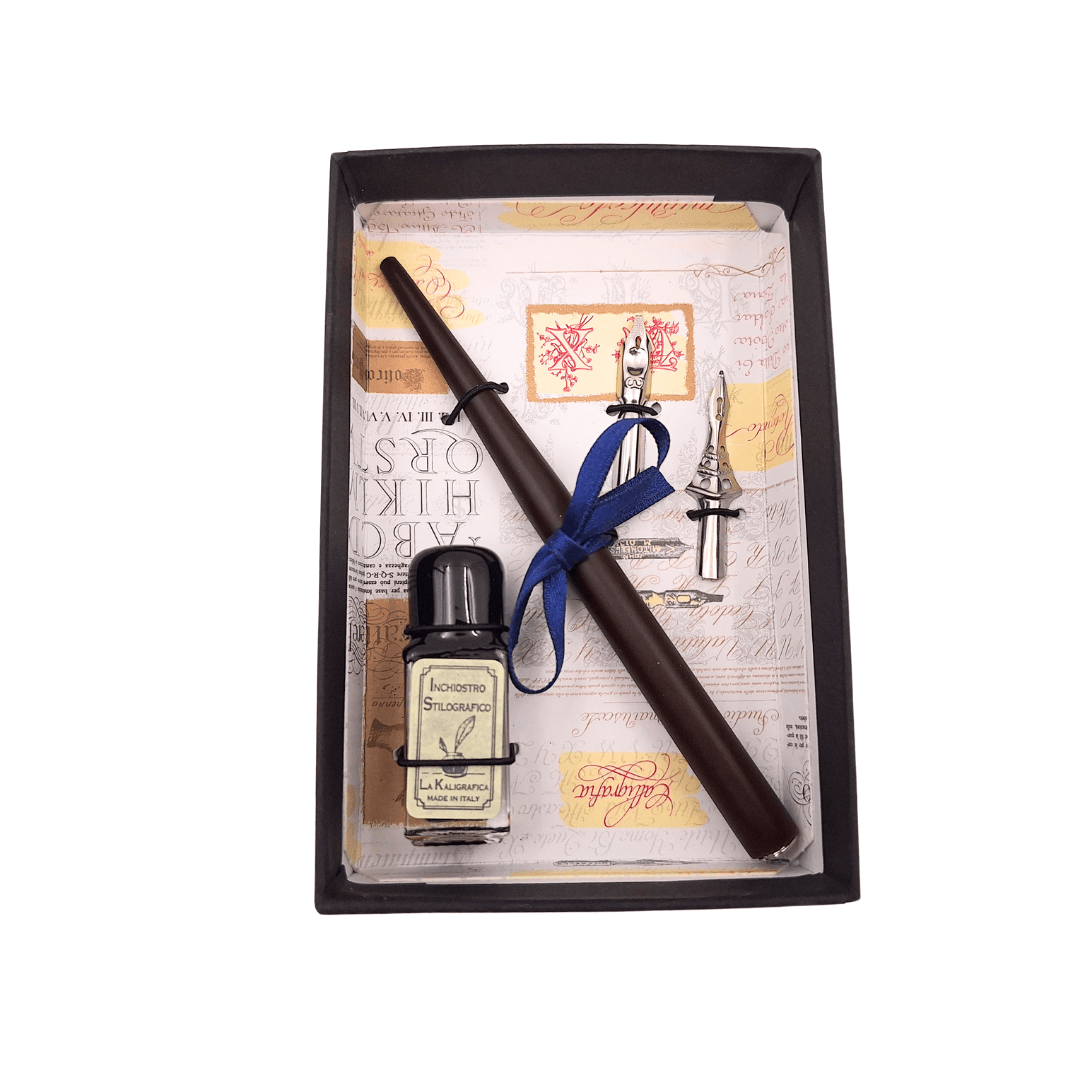 Set da calligrafia con incisione personalizzata - penna italiana con due pennini e calamaio, perfetto come regalo - confezione elegante 12,5x8,5x3cm