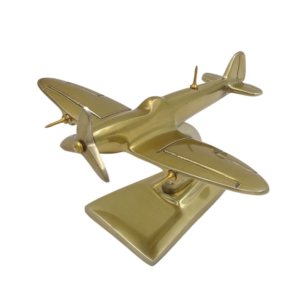 Modello di aereo Spitfire dorato WWII caccia con possibilità di personalizzazione tramite incisione – elegante regalo per appassionati di aviazione, realizzato in alluminio, dimensioni 15 × 13 × 8 cm
