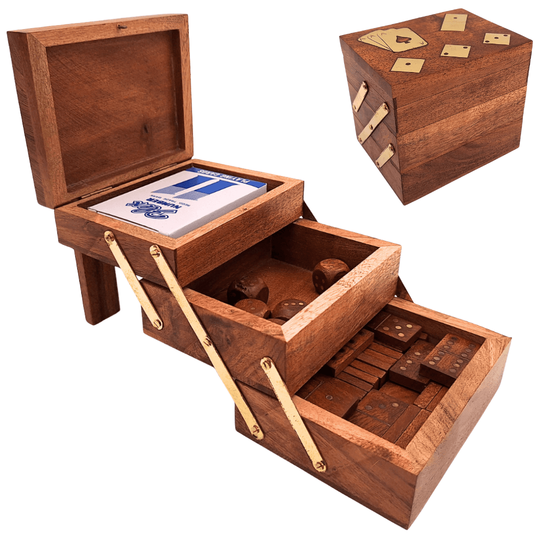 Elegante set di giochi 3 in 1 con incisione personalizzata - carte, dadi, domino in scatola di legno con decorazioni in ottone - regalo ideale per appassionati di giochi - dimensioni 12 x 9,5 x 10,5 cm