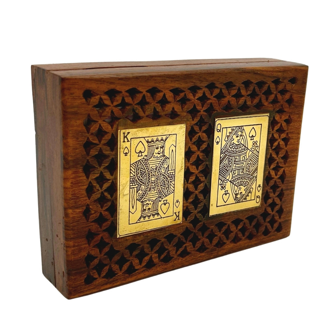 Elegante set di due mazzi di carte da gioco in scatola di legno con possibilità di personalizzazione tramite incisione