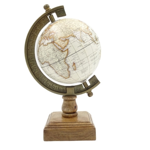 Globo Decorativo Stile Amundsen su Base in Legno con Incisione - Elegante Decorazione per Interni Classici, Loft e Coloniali, Ideale come Regalo - Altezza 26,5 cm, Colore Bianco-Marrone, Accento Educativo in Lingua Inglese