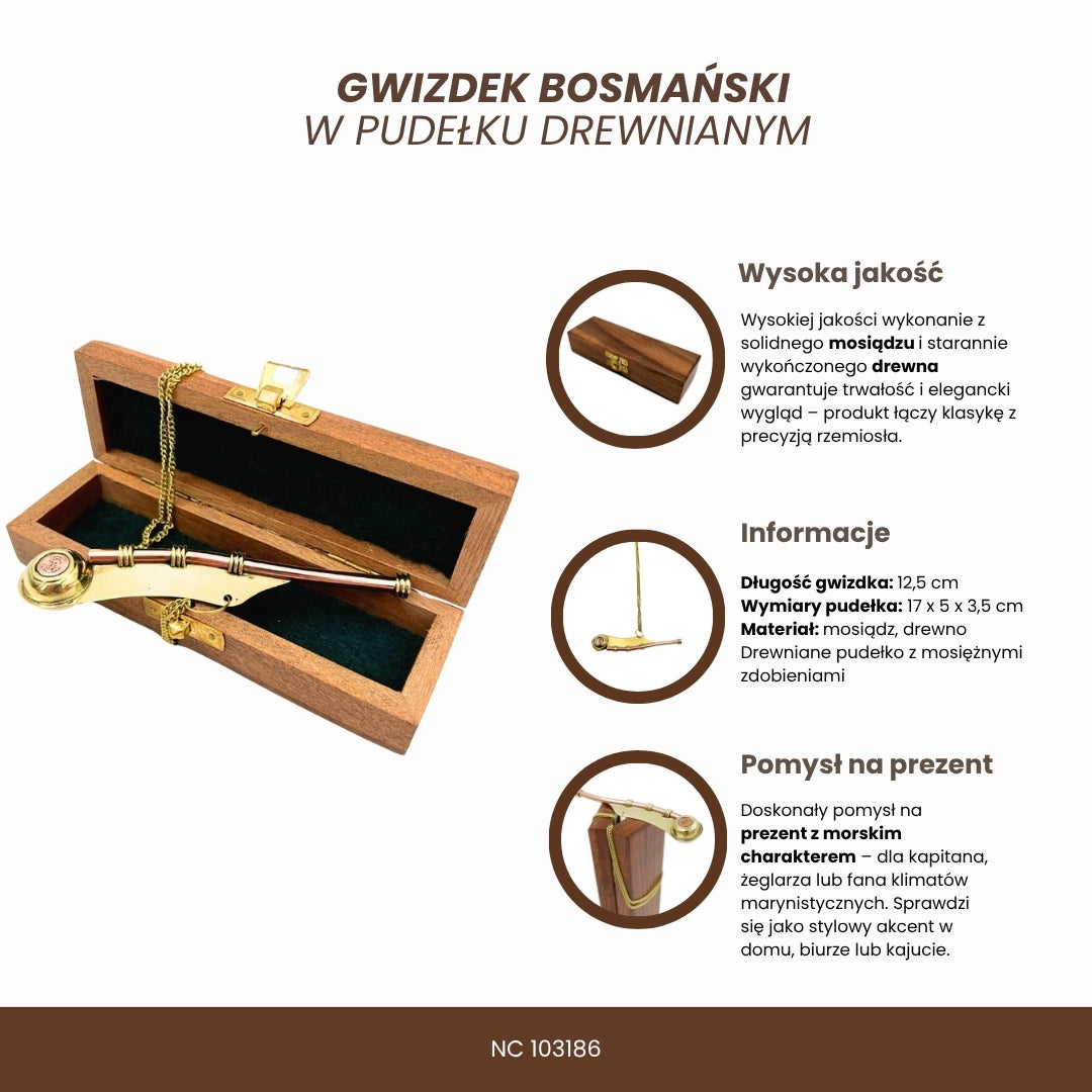 Fischietto da Nostromo con incisione in elegante scatola di legno – Ottone, 12,5 cm