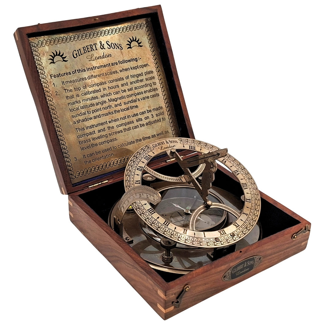 Grande bussola in ottone XXL con orologio solare in elegante scatola di legno