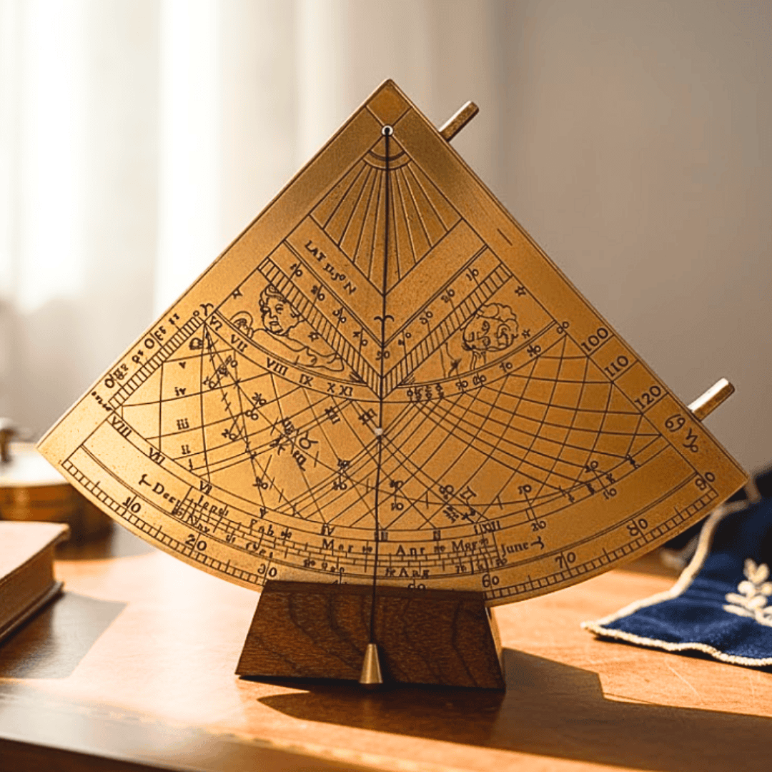 Quadrante Solare in Ottone Gunter H39 con base in legno, possibilità di personalizzazione incisa, regalo ideale per appassionati di astronomia, altezza 17 cm, elegante confezione regalo