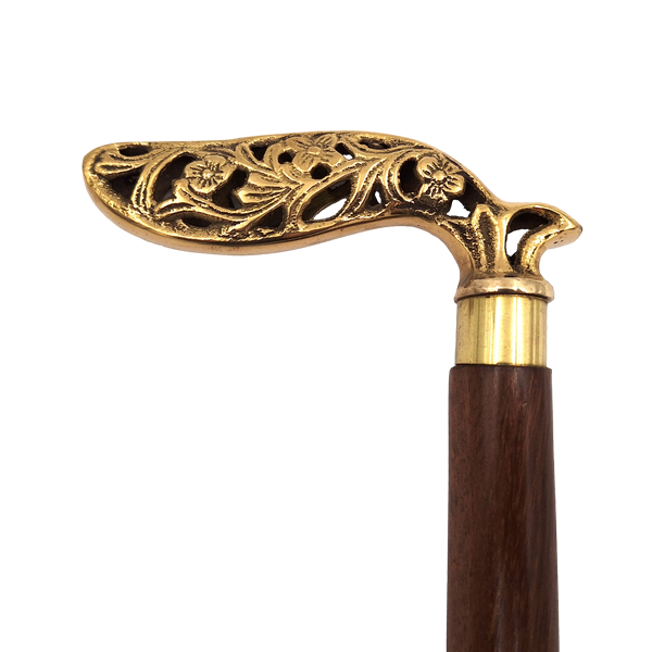 Elegante bastone pieghevole in legno con manico riccamente decorato in marrone e oro con possibilità di personalizzazione con incisione