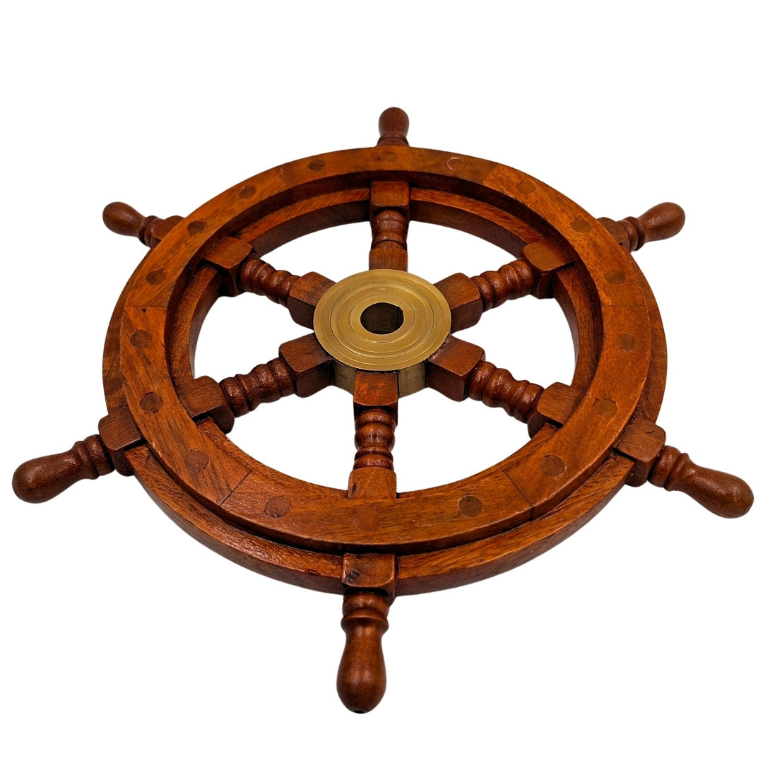 Ruota del Timone in Legno con Inserto in Ottone e Spazio per Cuneo - Diametro 30 cm - Regalo Ideale con Possibilità di Personalizzazione Incisa - Stile Nautico e Retrò