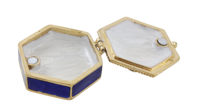 Elegante scatola regalo in metallo con cristalli B0035-08BL in colorazione blu navy e oro con possibilità di personalizzazione tramite incisione