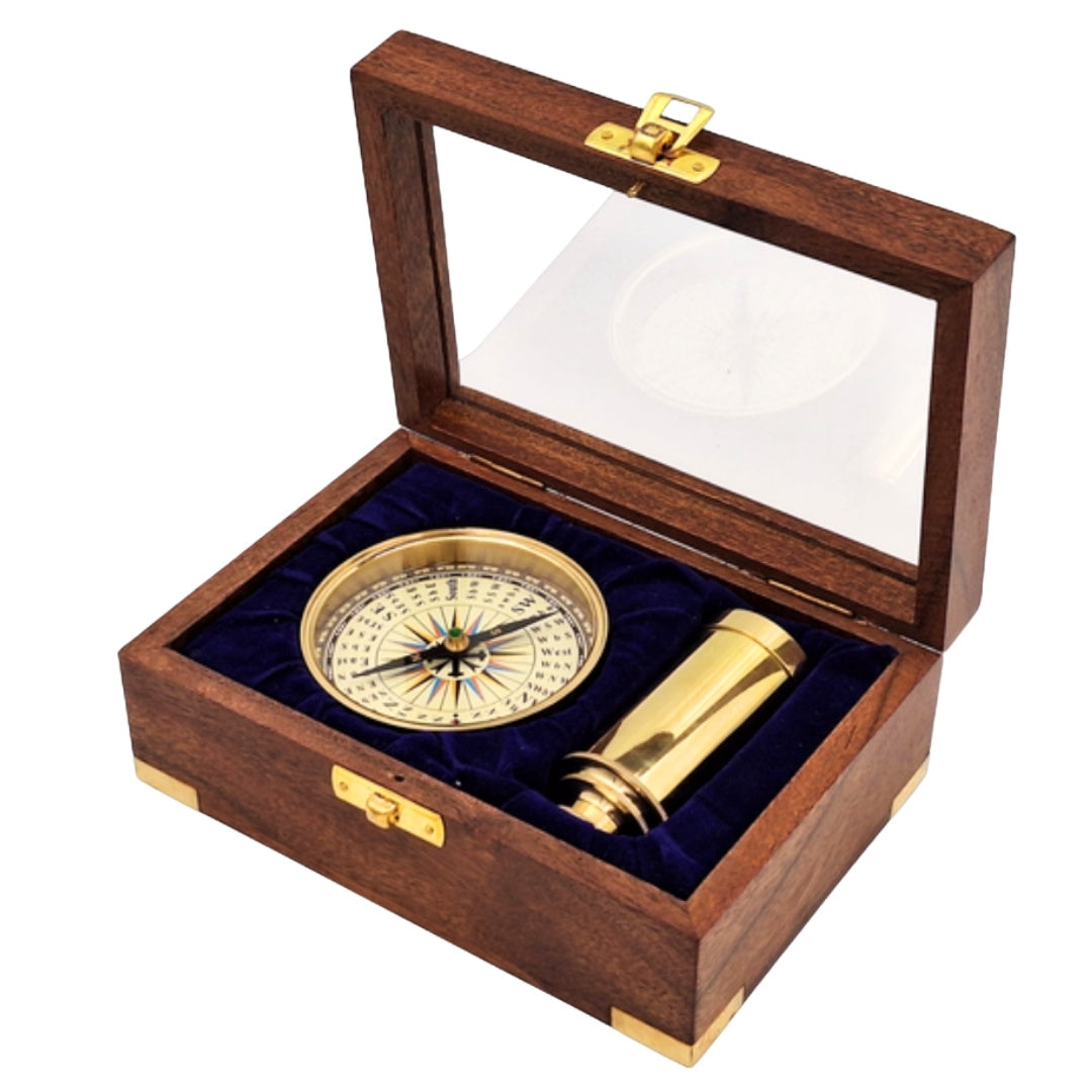 Set regalo con bussola in ottone e cannocchiale in elegante scatola di legno con incisione