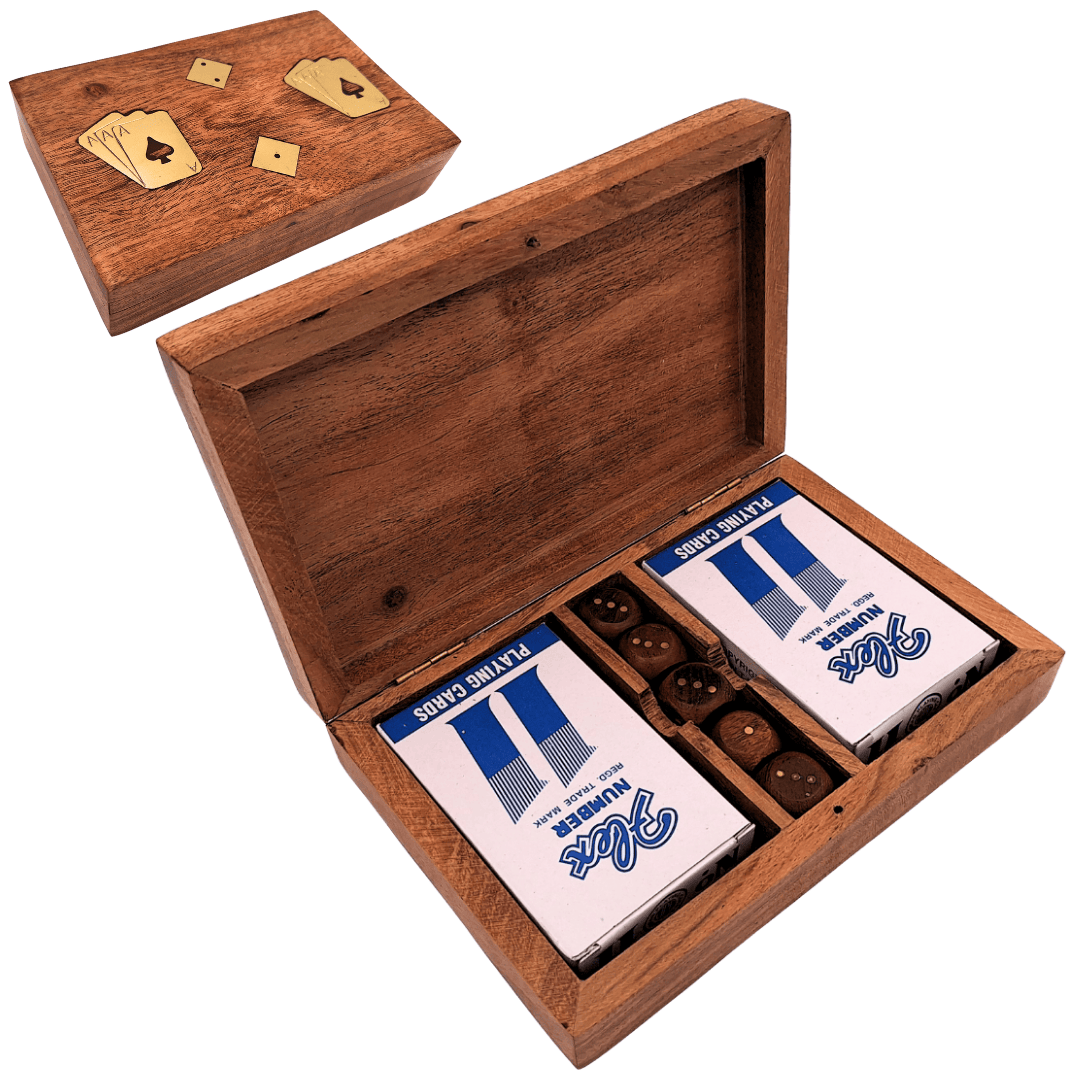 Elegante set di giochi di carte e dadi in scatola di legno con decorazioni in ottone
