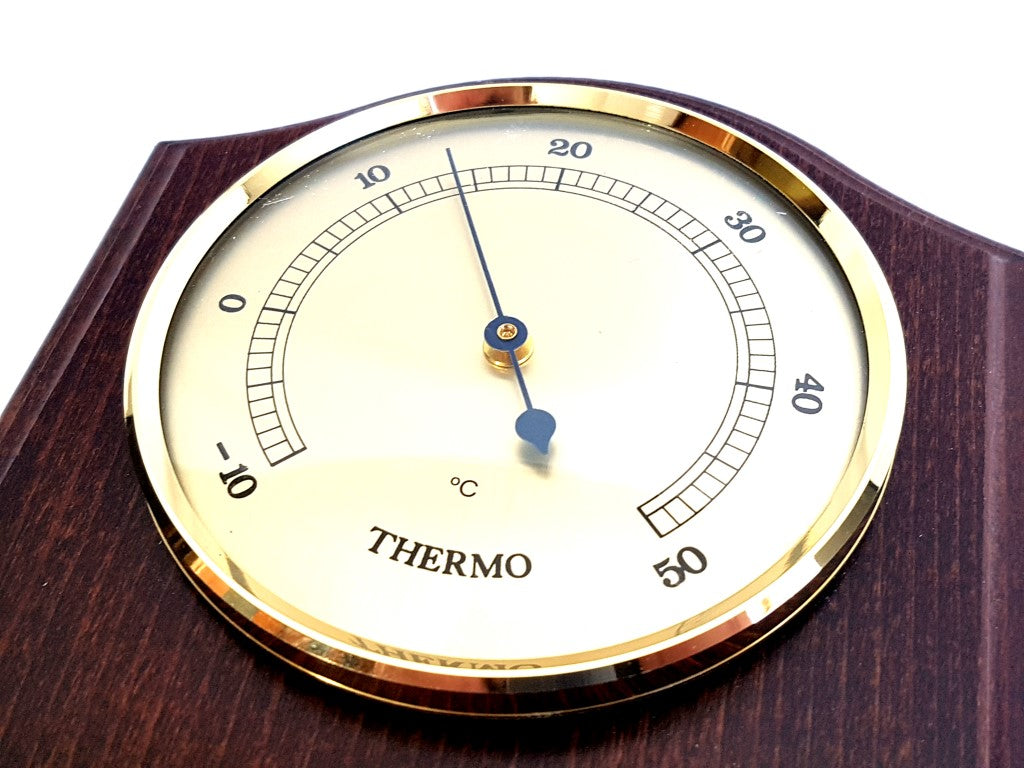 Stazione Meteorologica Fischer 9176-22 con Barometro, Igrometro e Termometro in Cornice di Ottone su Base di Mogano con Opzione di Personalizzazione Incisa