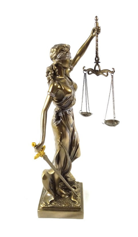 Figura Temida 35 cm con possibilità di personalizzazione con incisione - regalo elegante per avvocati, giudici o consulenti legali, realizzata in polyresina di colore dorato con finitura antica