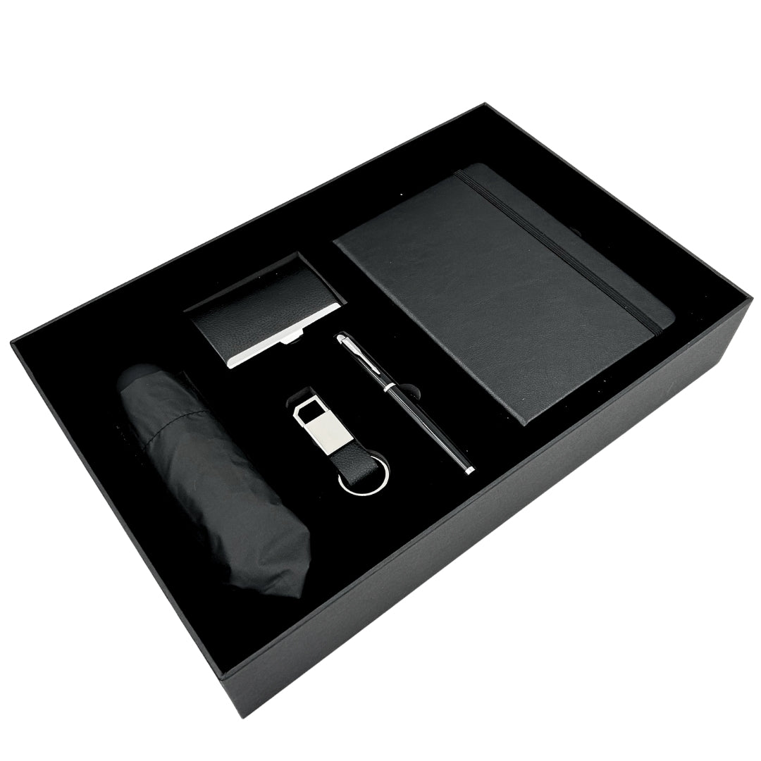 Elegante Set Regalo Classico con Personalizzazione - Taccuino in Pelle A5, Ombrello, Penna, Portabiglietti e Portachiavi in Scatola Regalo Estetica