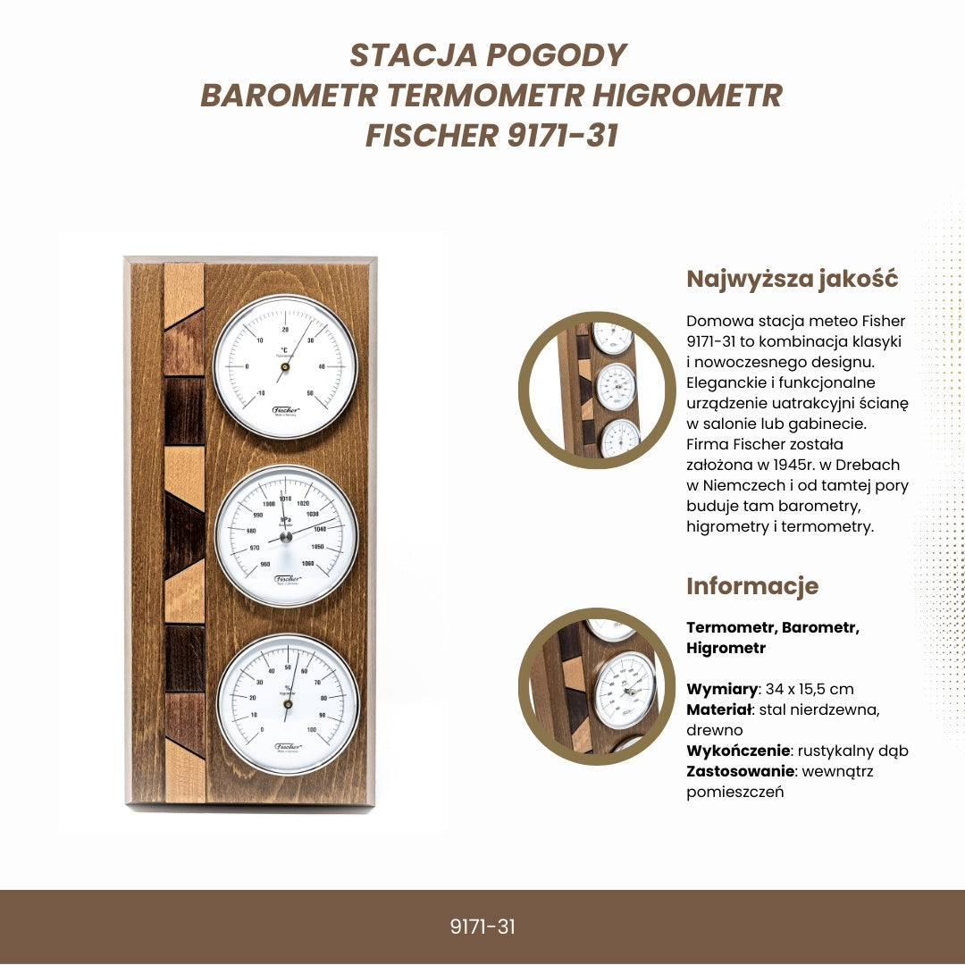 Stazione meteorologica Fischer 9171-31 con barometro, igrometro e termometro su base in legno con opzione di personalizzazione con incisione