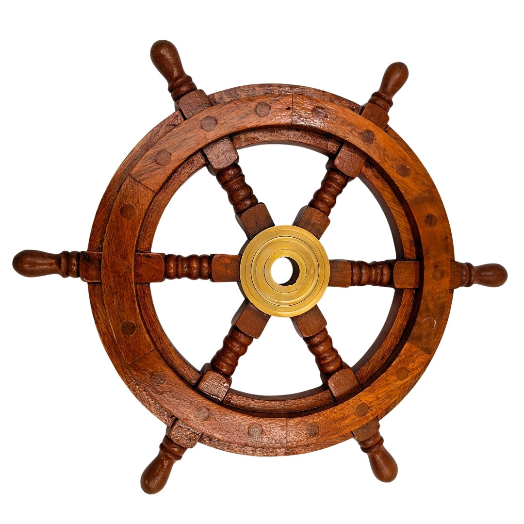 Ruota del Timone in Legno con Inserto in Ottone e Spazio per Cuneo - Diametro 30 cm - Regalo Ideale con Possibilità di Personalizzazione Incisa - Stile Nautico e Retrò