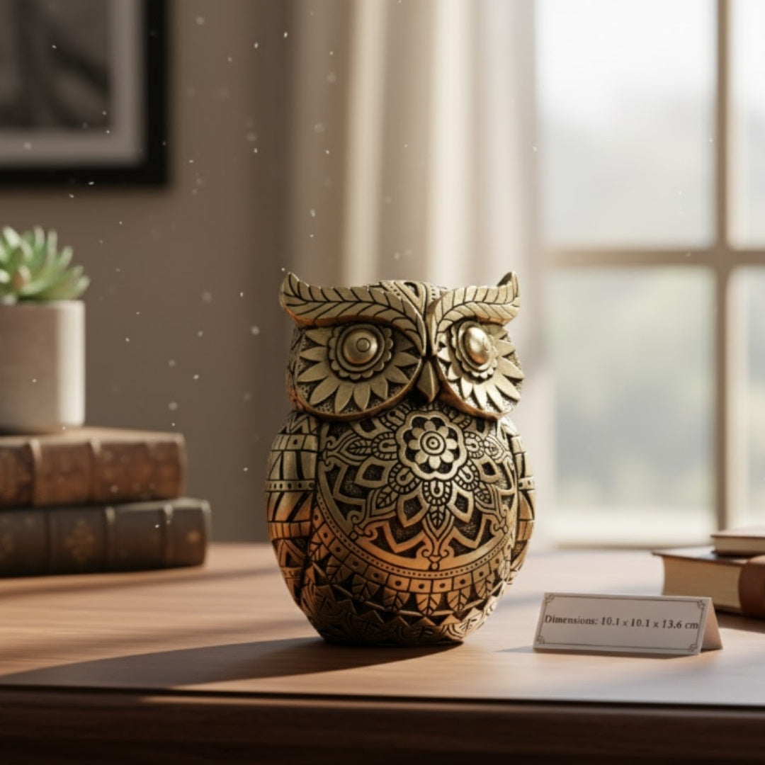 Gufo della saggezza con possibilità di personalizzazione con incisione, decorazione in colore dorato e nero, altezza 13,6 cm, regalo ideale per ogni occasione