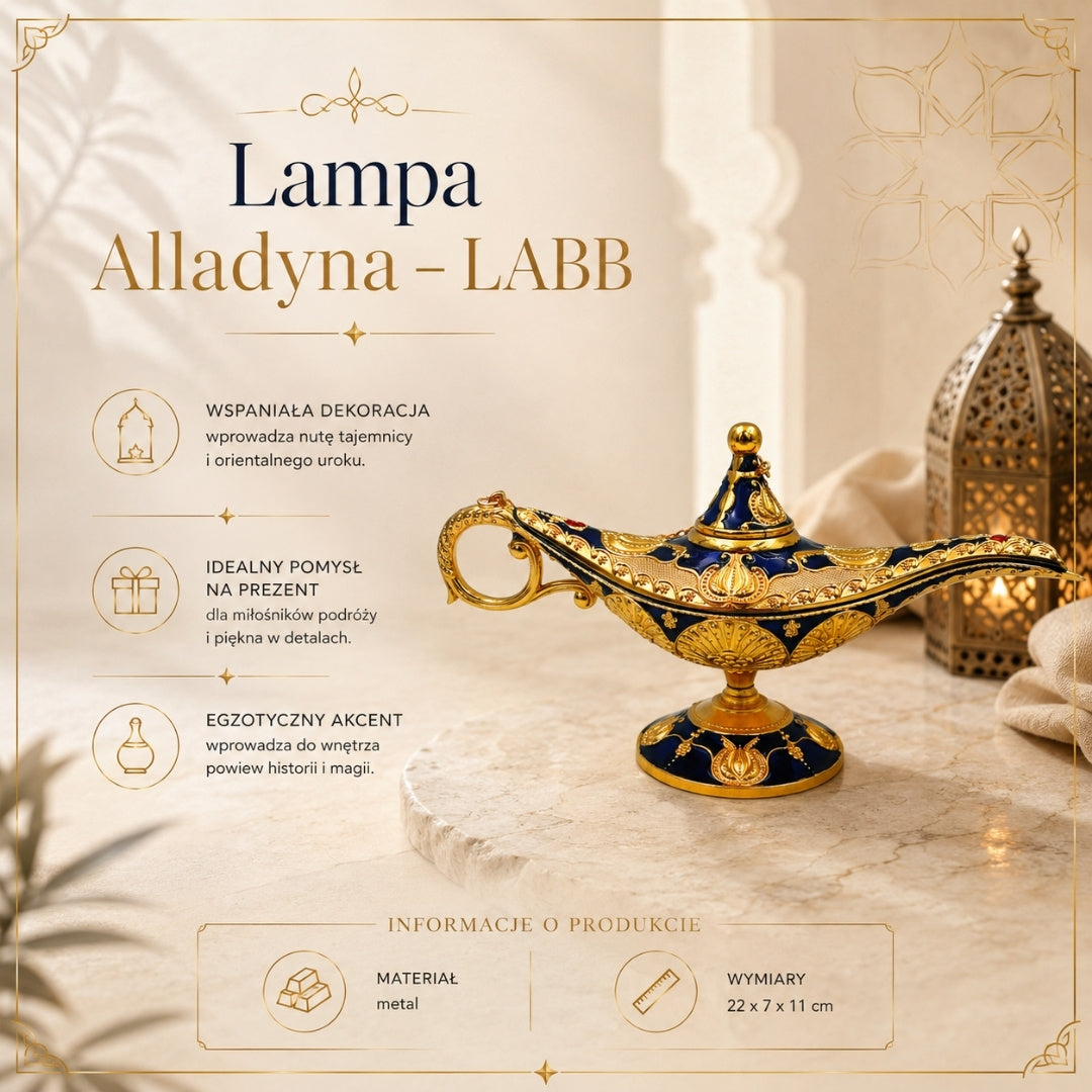 Lampada di Aladino LABB con decorazioni metalliche color oro, blu navy scuro, 22 x 7 x 11 cm