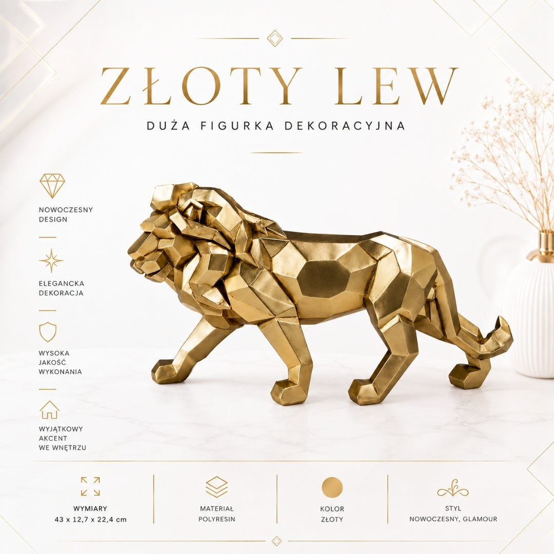 Grande figura Leone dorato 43 cm con possibilità di personalizzazione con incisione - elegante decorazione da regalo, polyresina di alta qualità, stile moderno glamour