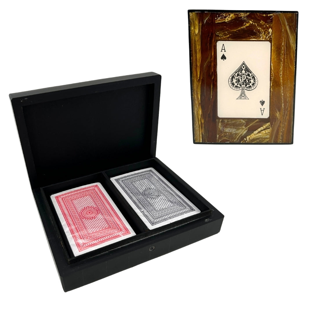 Set elegante di due mazzi di carte in scatola di resina con possibilità di personalizzazione incisa