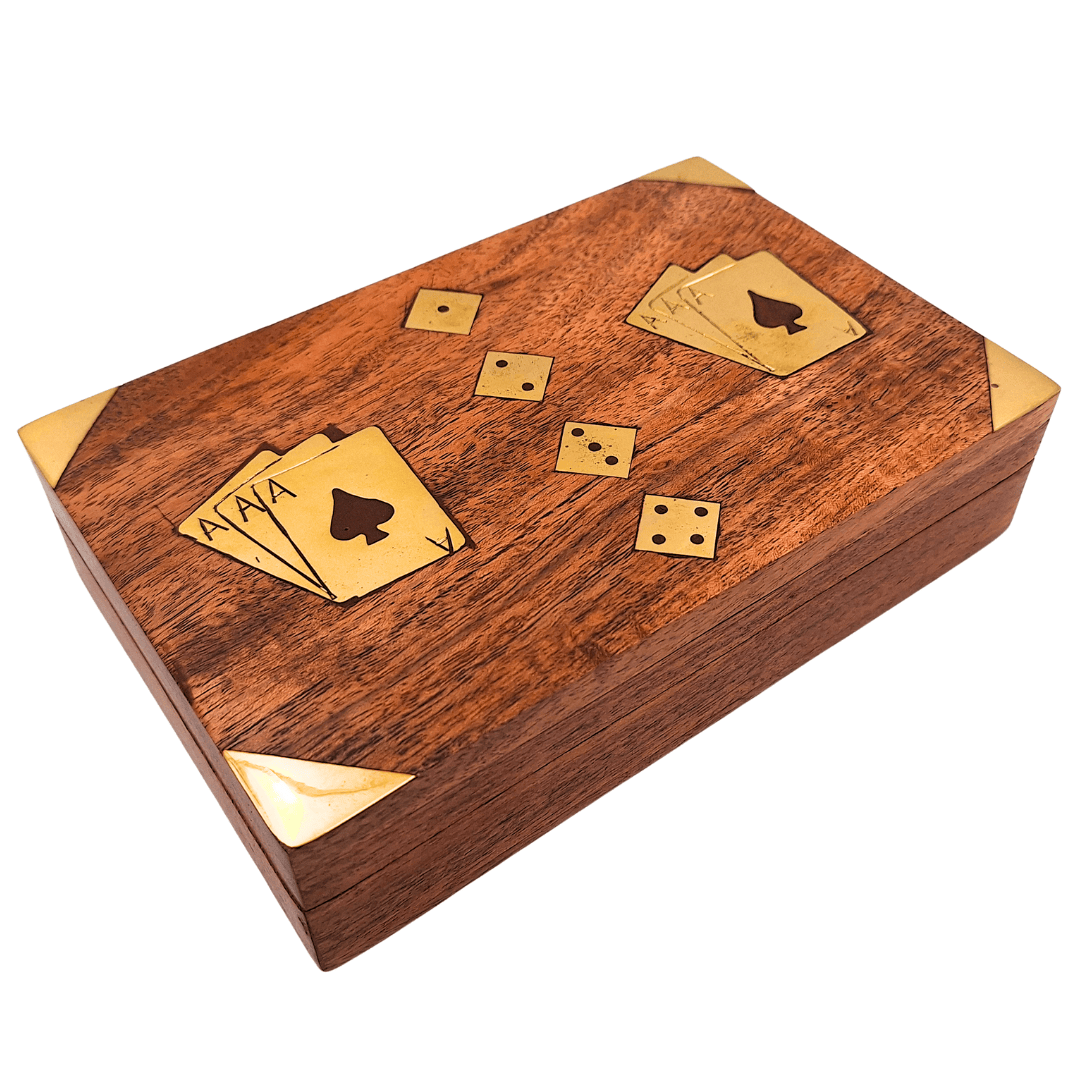 Elegante Set da Gioco con Due Mazzi di Carte e Dadi in Scatola di Legno con Decorazioni in Ottone - Incisione Personalizzata