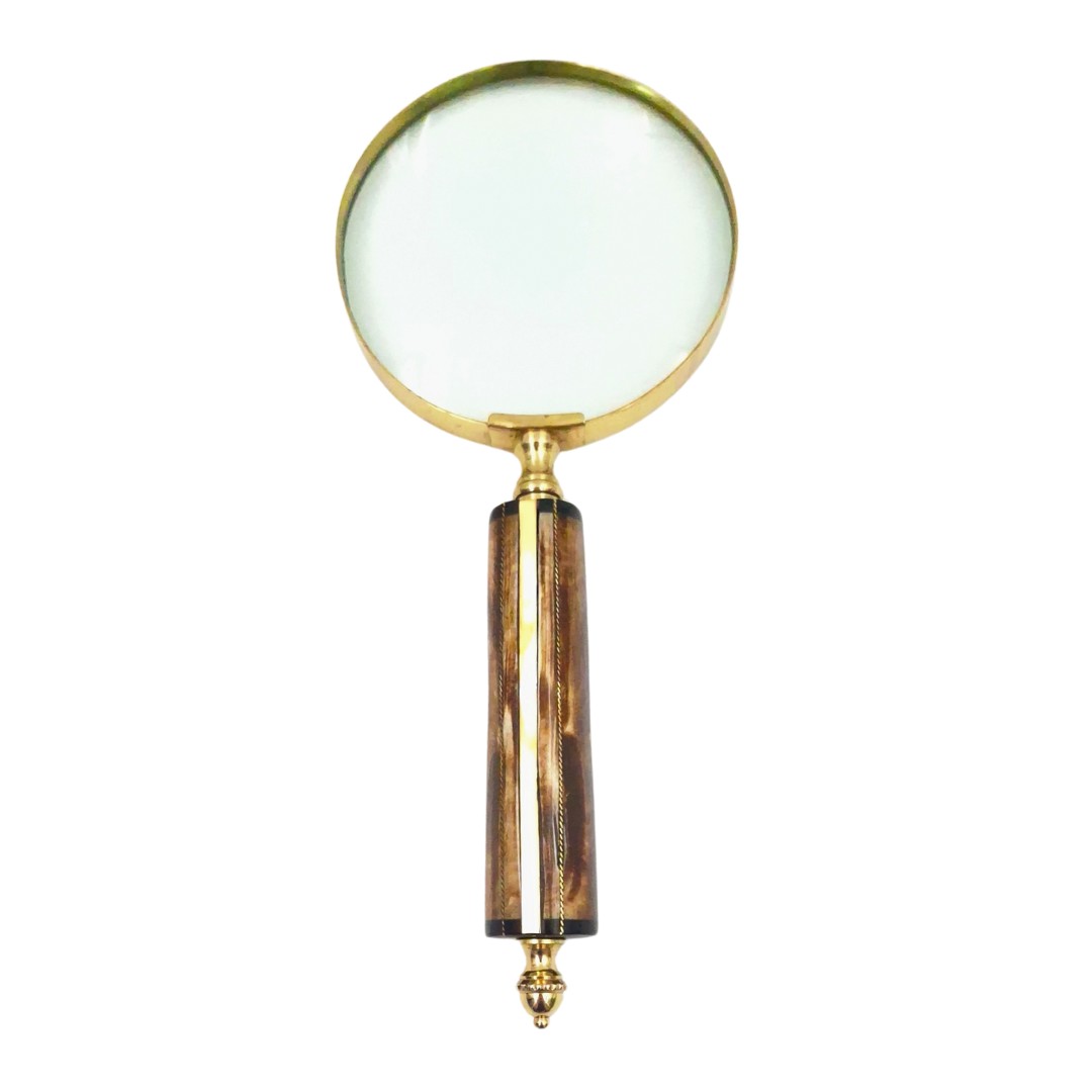 Lente d'ingrandimento MFM con montatura in ottone e manico in osso, ingrandimento 3.5x, personalizzazione con incisione, ideale come regalo per collezionisti, colore oro e bianco/crema, dimensioni 10 x 23 x 1.9 cm