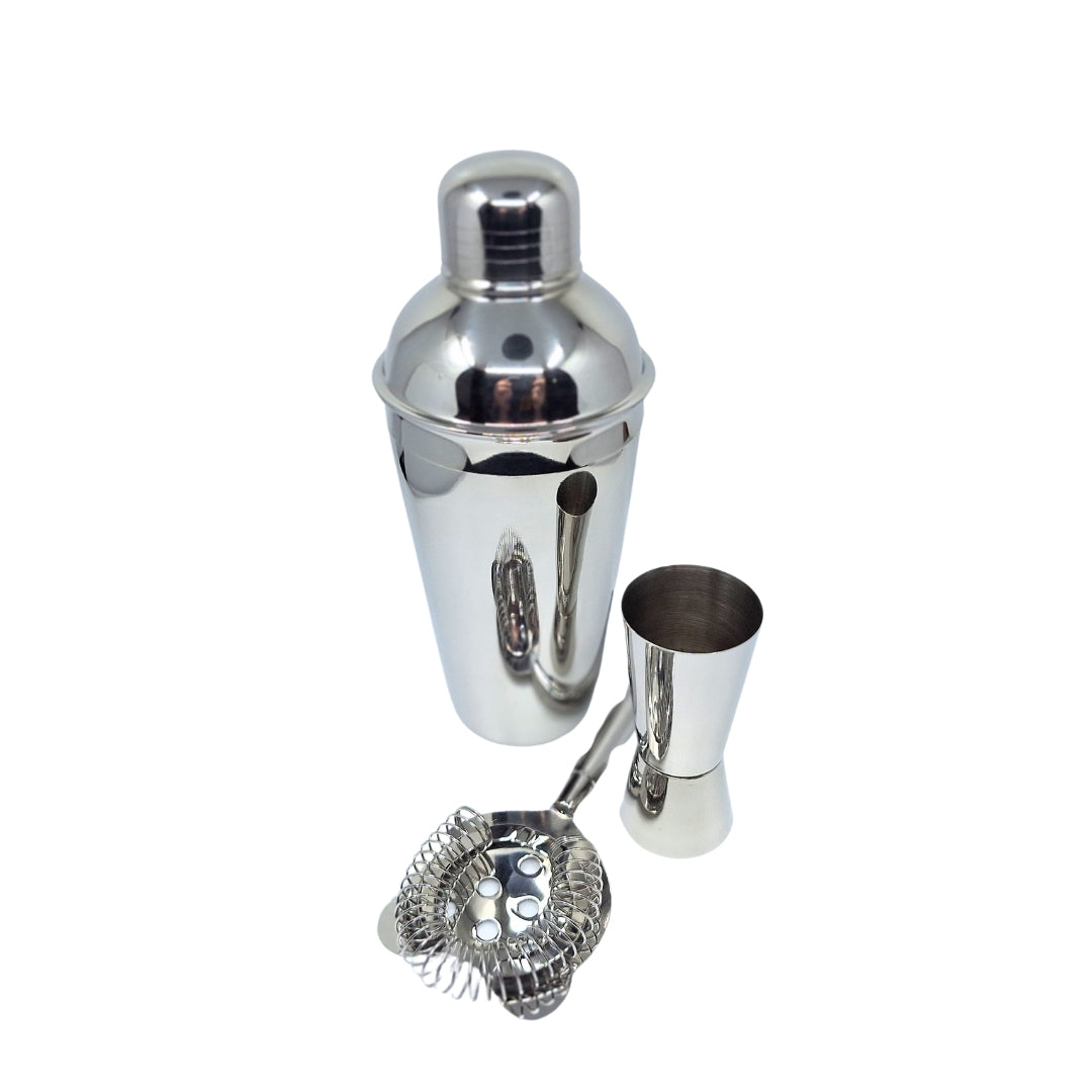 Set da bar in acciaio 3 pezzi con possibilità di incisione personalizzata - Shaker 750 ml, Jigger 15/30 ml, Colino - regalo elegante per amanti dei cocktail, acciaio inox, colore argento