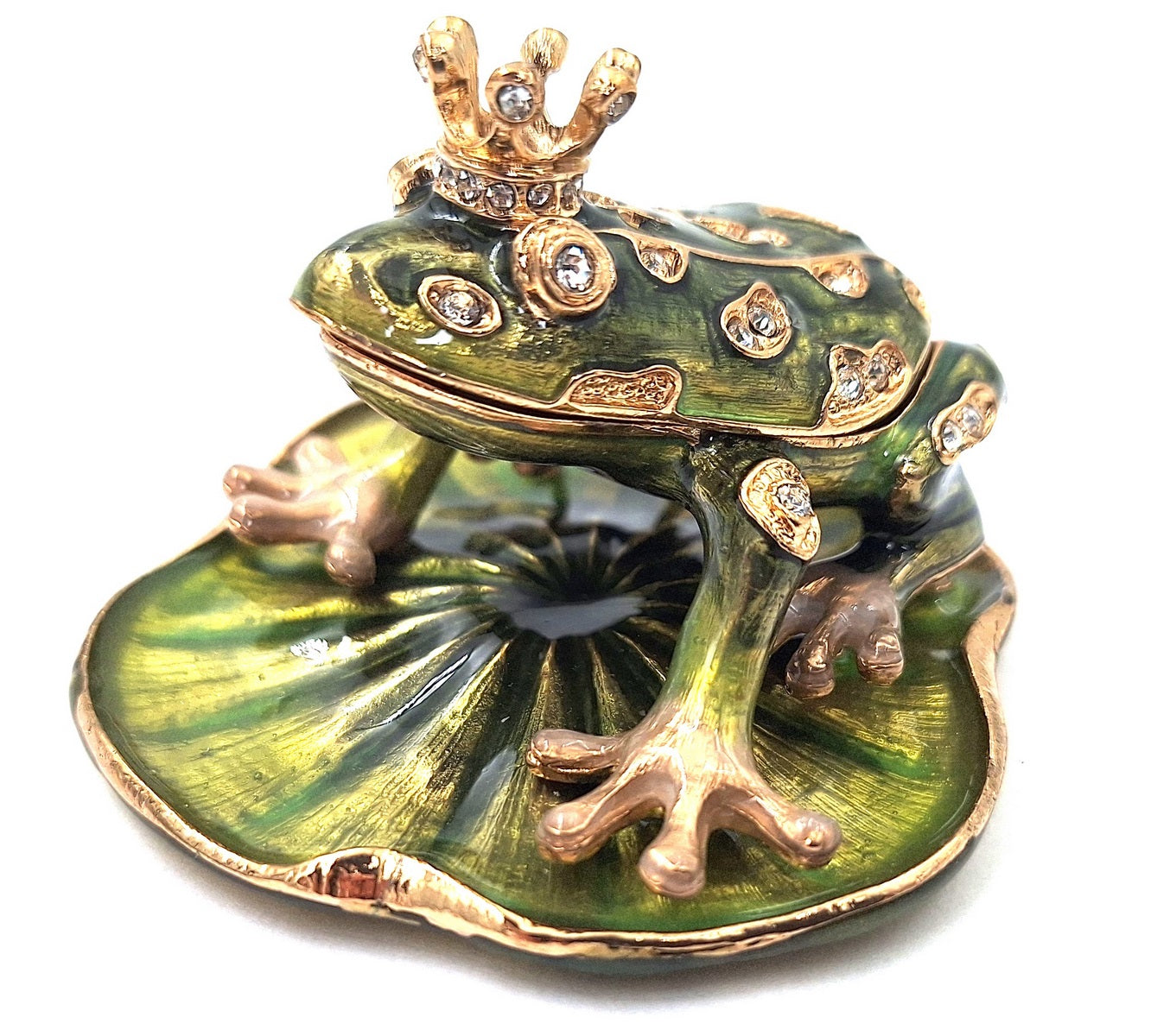 Scatoletta esclusiva in metallo a forma di rana con cristalli, verde scuro e oro, possibilità di personalizzazione tramite incisione, ideale come regalo, dimensioni 6,5x6,7x4,5 cm
