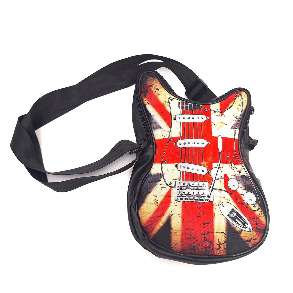 Borsa a tracolla a forma di chitarra con bandiera britannica RBG-008 con possibilità di personalizzazione tramite incisione