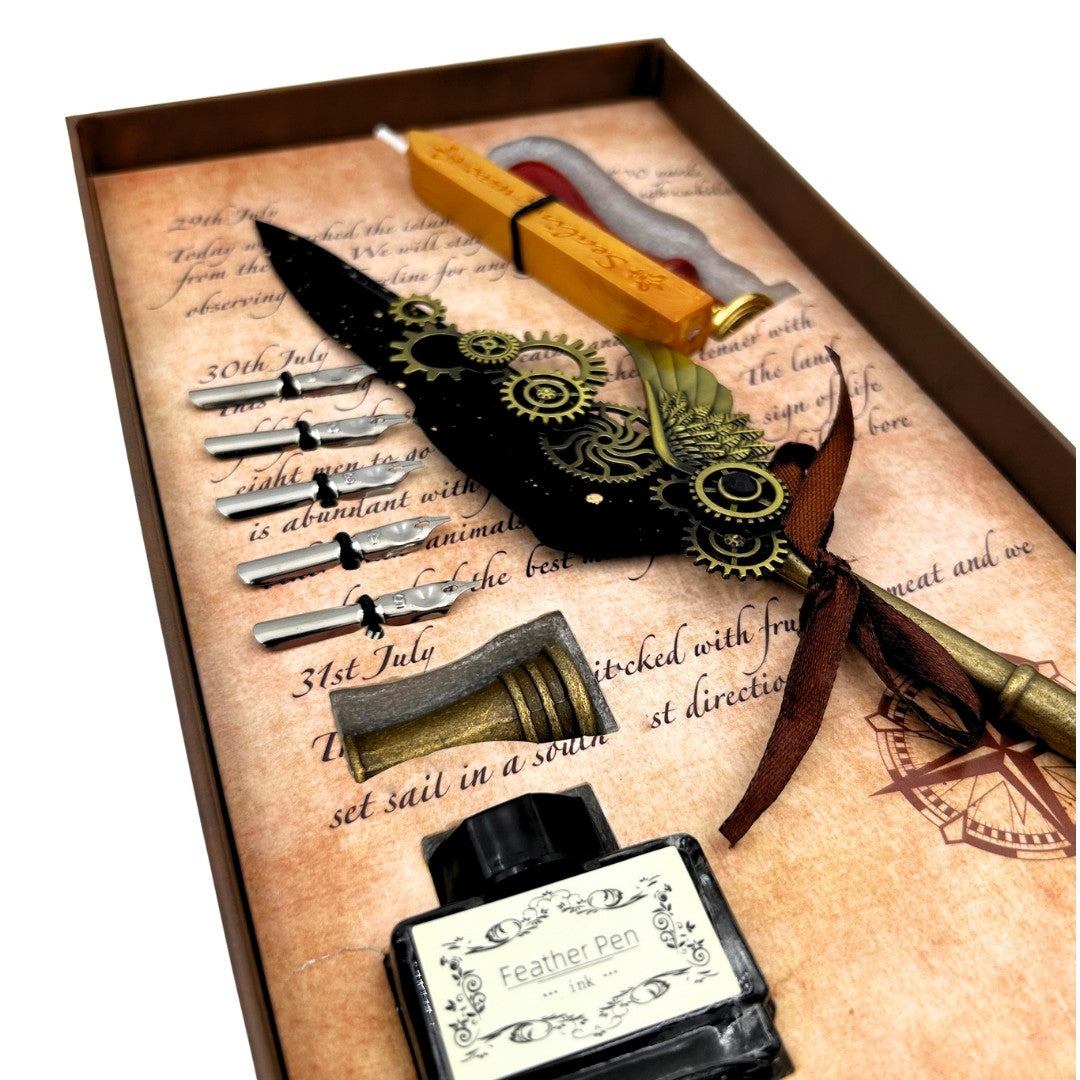 Set di Calligrafia Premium con Penna d'Oca, 6 Pennini Sostituibili, Sigillo e Supporto