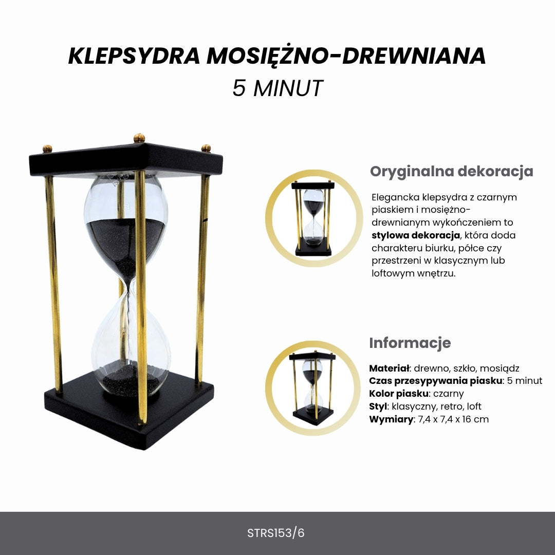 Clessidra in ottone e legno 5 minuti con sabbia nera con possibilità di personalizzazione con incisione – elegante decorazione retrò da regalo alta 16 cm