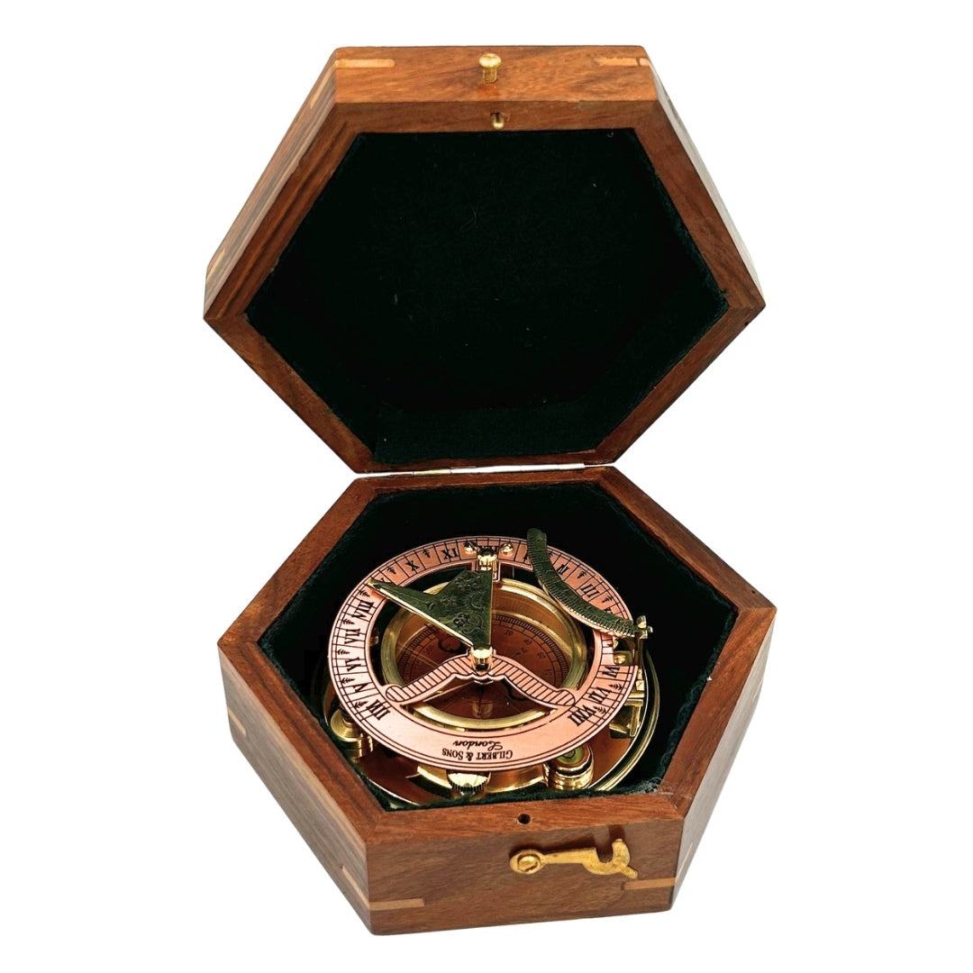 Bussola in ottone con orologio solare in elegante scatola di legno - regalo ideale con possibilità di personalizzazione tramite incisione - stile retrò, lavorazione classica, alta qualità