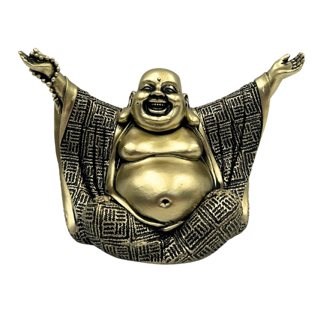 Statuetta di Buddha gioioso in oro con possibilità di incisione personalizzata - elegante decorazione regalo alta 17,1 cm in polyresina, simbolo di ricchezza e felicità