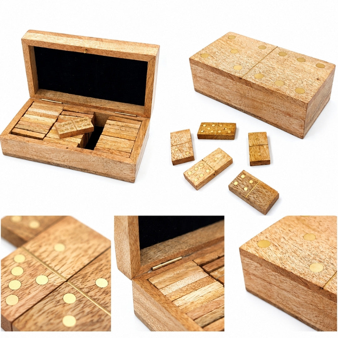 Domino in legno di mango in scatola con incisione - regalo personalizzato per adulti, 28 tessere, decorazioni in ottone, dimensioni scatola 15 x 8 x 4,5 cm